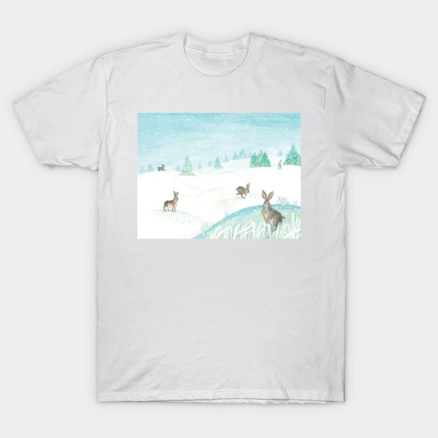 Wild rabbits in the snow in white winter T-Shirt by Julia Doria Illustration